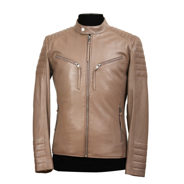 Slim Fit Lamb Leather Jacket with Shiny Nickel Zippers