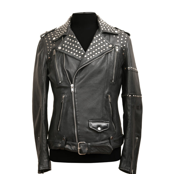 Slim Fit Studded Biker Jacket - 100% Veg Tanned Lamb Leather